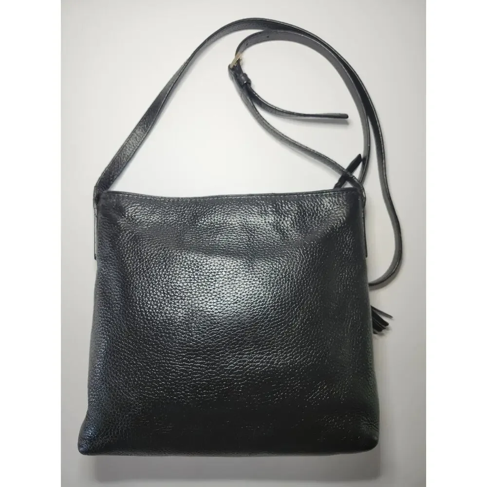 Kate Spade Crossbody Bag Black Leather Gold Tassel Minimalist Pebbled